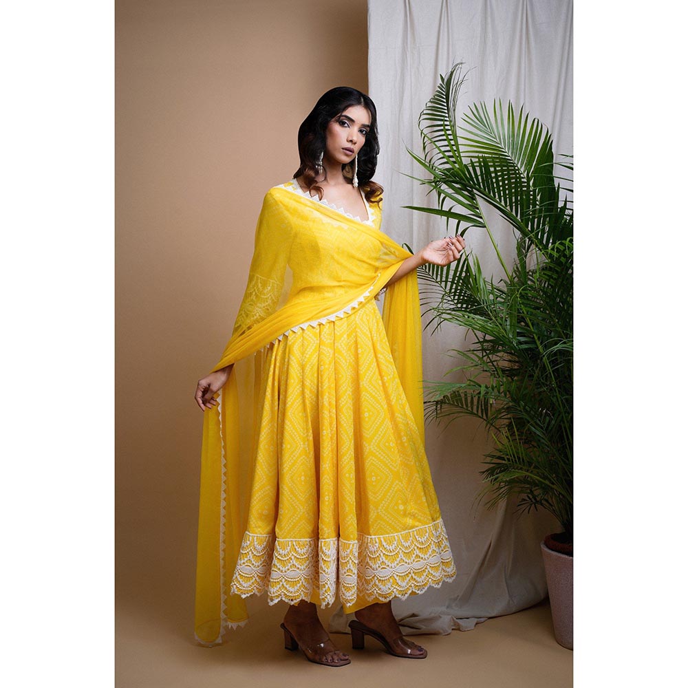 AHI Clothing Yellow Bandhani Digital Print Anarkali Kurta with Palazzo and Dupatta (Set of 3)