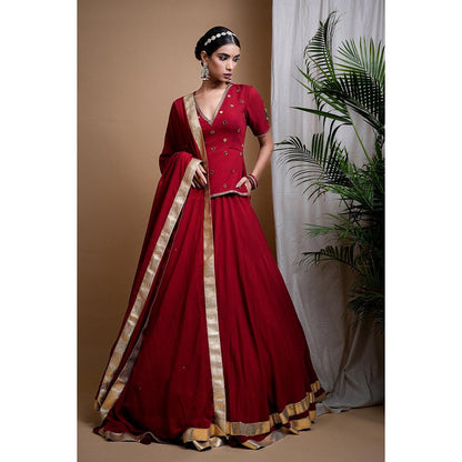 AHI Clothing Maroon Heavy Mirror Short Kurti with Lehenga and Dupatta (Set of 3)