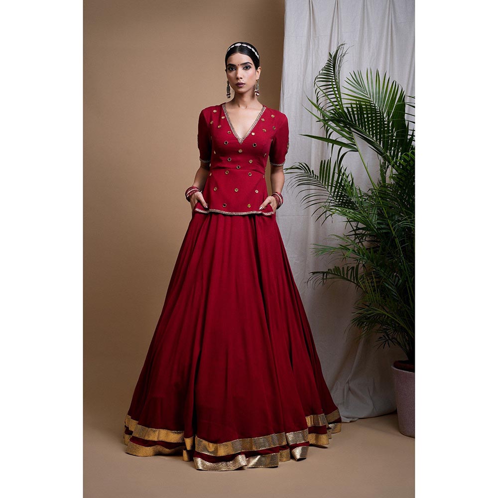 AHI Clothing Maroon Heavy Mirror Short Kurti with Lehenga and Dupatta (Set of 3)