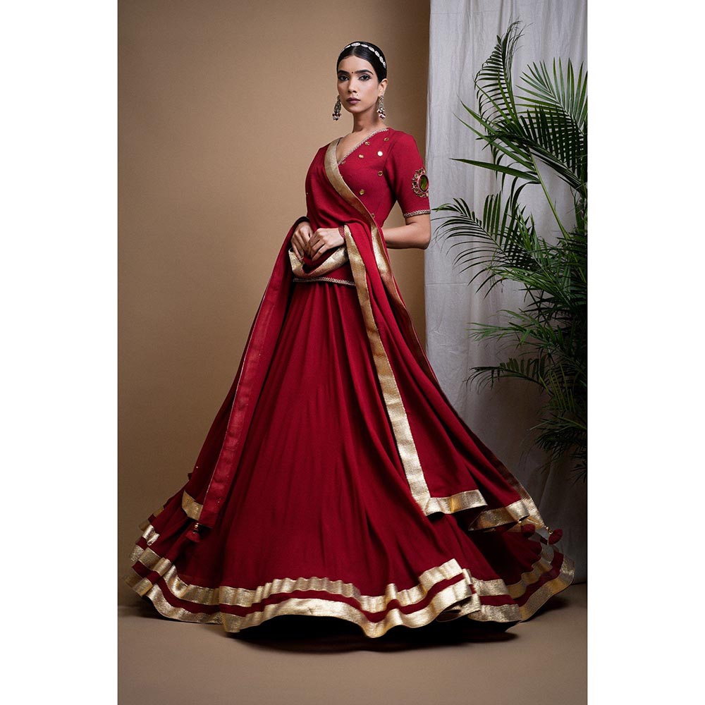 AHI Clothing Maroon Heavy Mirror Short Kurti with Lehenga and Dupatta (Set of 3)