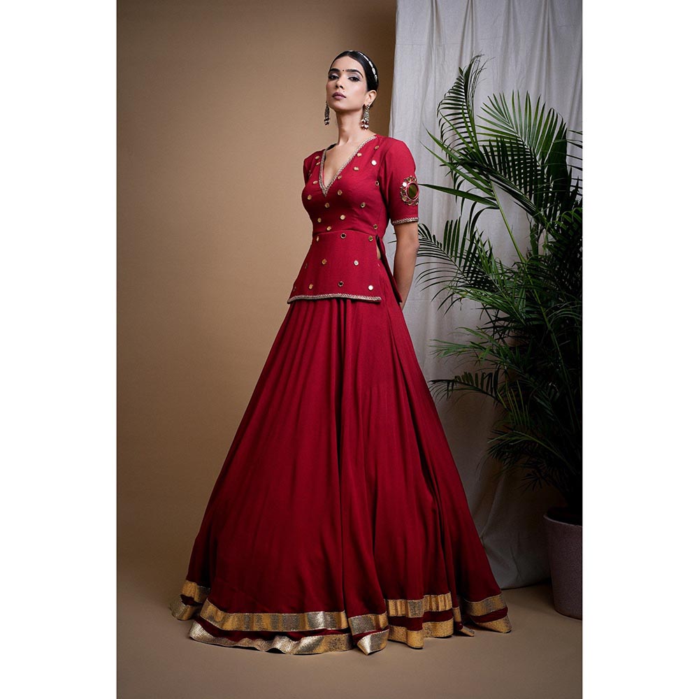 AHI Clothing Maroon Heavy Mirror Short Kurti with Lehenga and Dupatta (Set of 3)