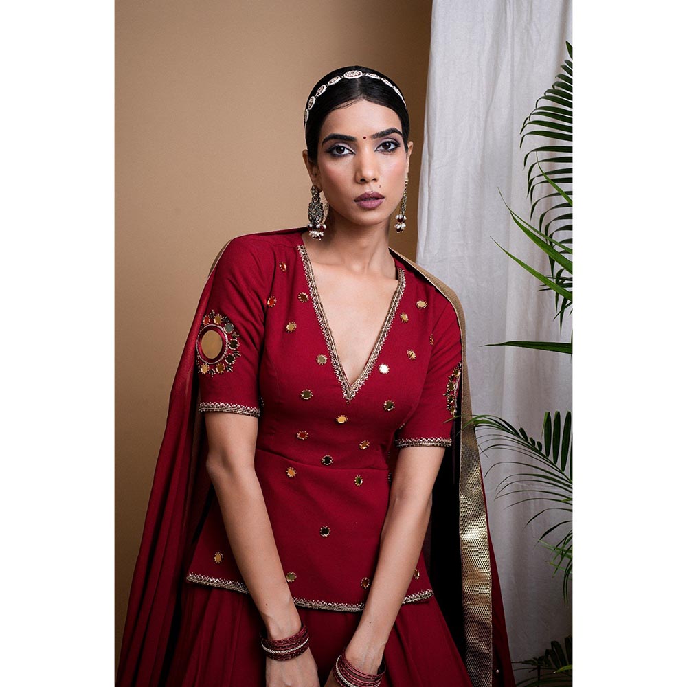 AHI Clothing Maroon Heavy Mirror Short Kurti with Lehenga and Dupatta (Set of 3)