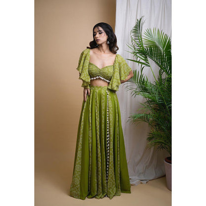 AHI Clothing Green Kaudi Digital Print Indo Skirt with Crop Top (Set of 2)