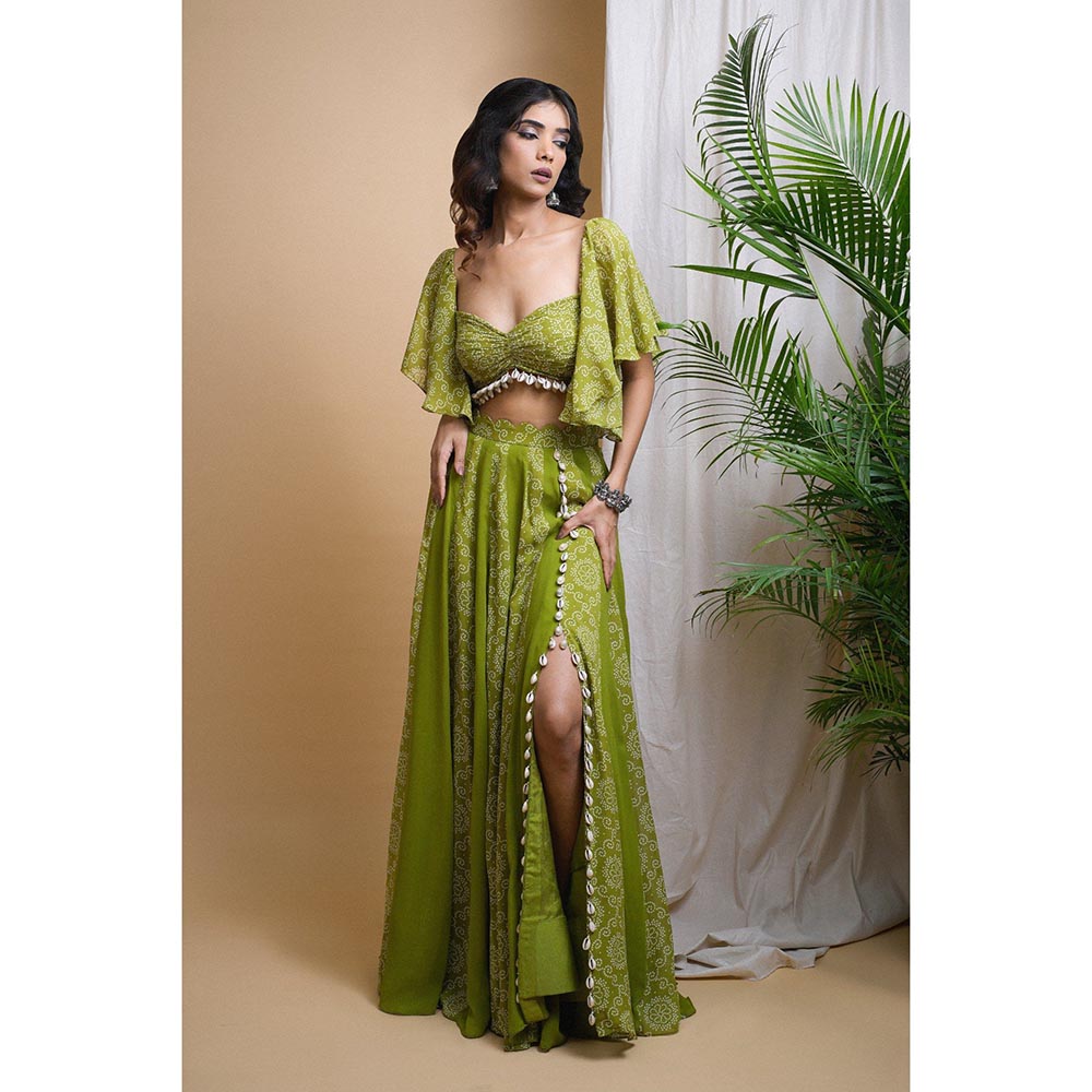 AHI Clothing Green Kaudi Digital Print Indo Skirt with Crop Top (Set of 2)
