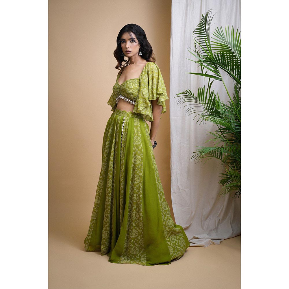 AHI Clothing Green Kaudi Digital Print Indo Skirt with Crop Top (Set of 2)