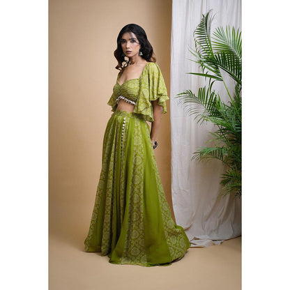 AHI Clothing Green Kaudi Digital Print Indo Skirt with Crop Top (Set of 2)