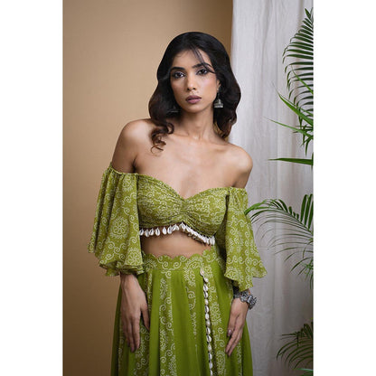 AHI Clothing Green Kaudi Digital Print Indo Skirt with Crop Top (Set of 2)