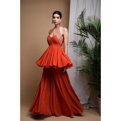 AHI Clothing Rust Orange Indo Anarkali Kurti with Sharara and Dupatta (Set of 3)