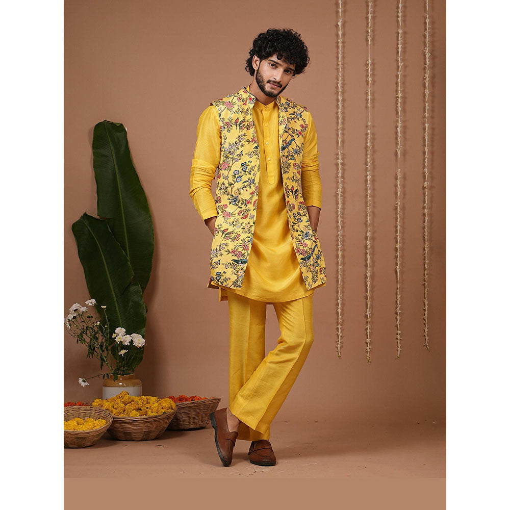 AHI Clothing Yellow Crepe Mandarin Neck Printed Jacket With Kurta And Pyjama