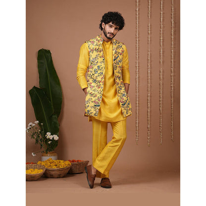 AHI Clothing Yellow Crepe Mandarin Neck Printed Jacket With Kurta And Pyjama