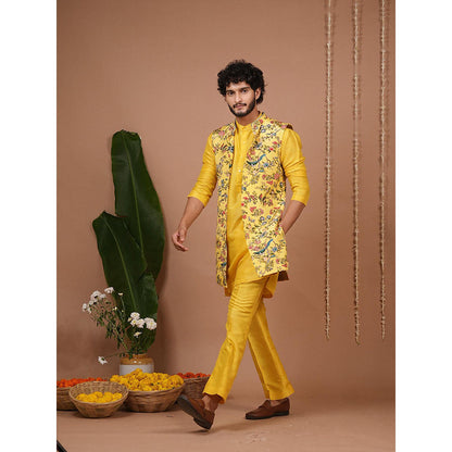 AHI Clothing Yellow Crepe Mandarin Neck Printed Jacket With Kurta And Pyjama