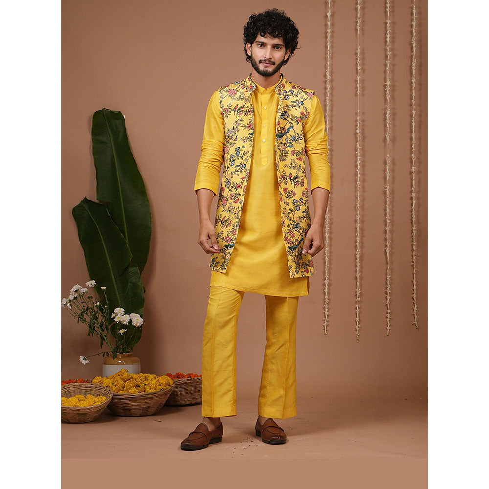AHI Clothing Yellow Crepe Mandarin Neck Printed Jacket With Kurta And Pyjama
