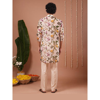 AHI Clothing Cream Organza Mandarin Neck Printed Kurta With Pant