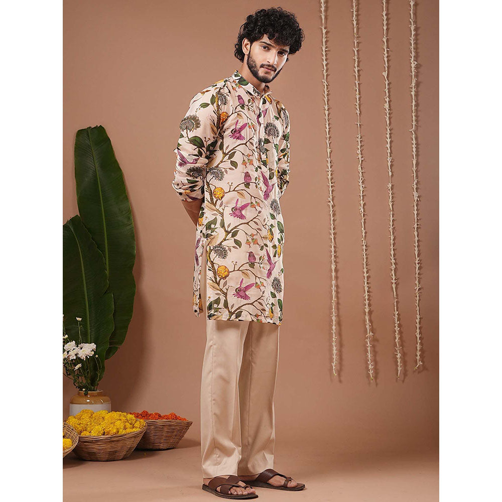 AHI Clothing Cream Organza Mandarin Neck Printed Kurta With Pant