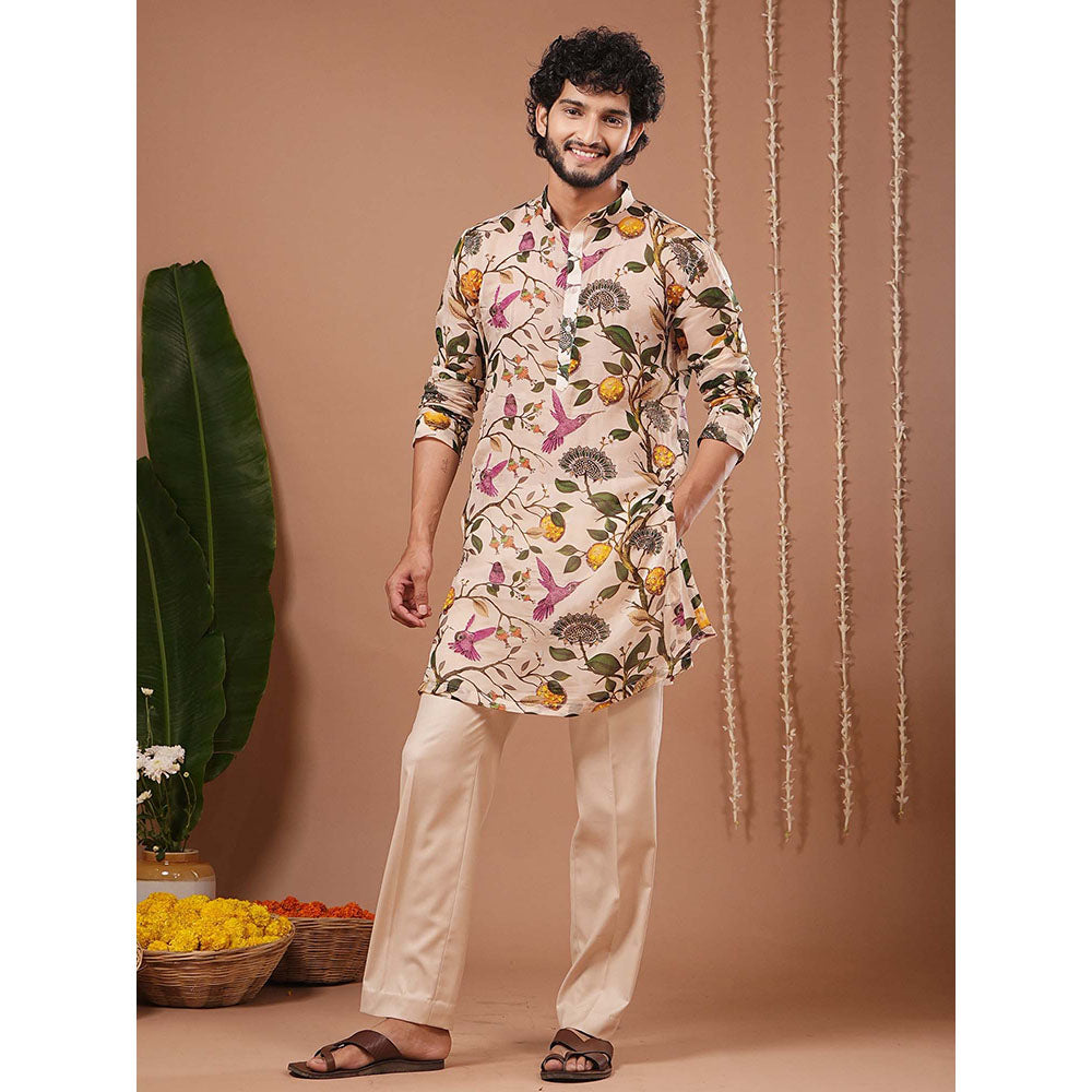 AHI Clothing Cream Organza Mandarin Neck Printed Kurta With Pant