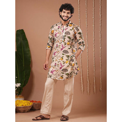 AHI Clothing Cream Organza Mandarin Neck Printed Kurta With Pant