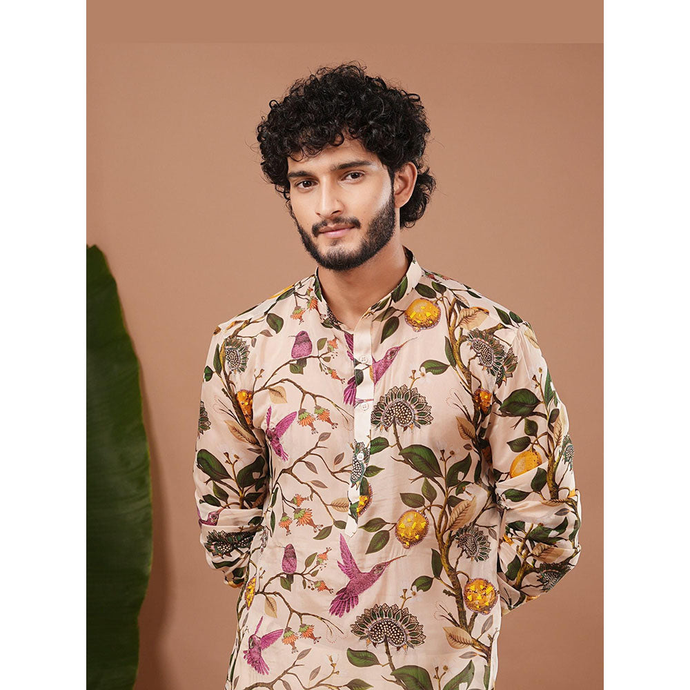 AHI Clothing Cream Organza Mandarin Neck Printed Kurta With Pant