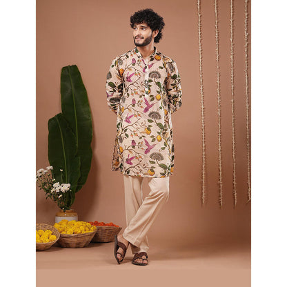 AHI Clothing Cream Organza Mandarin Neck Printed Kurta With Pant