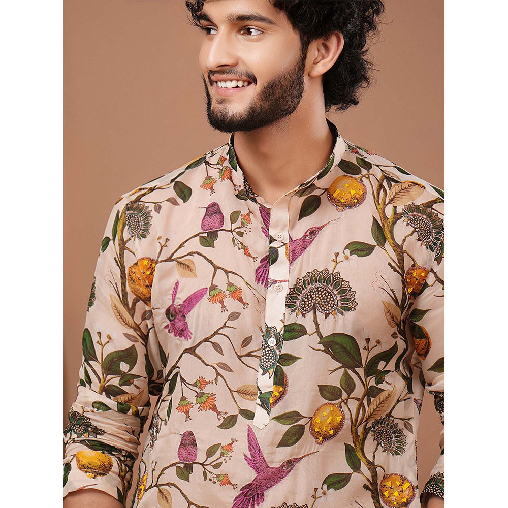 AHI Clothing Cream Organza Mandarin Neck Printed Kurta With Pant