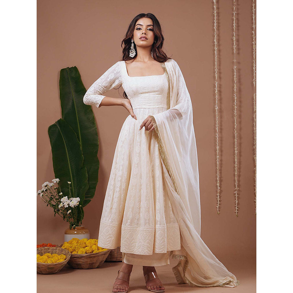 AHI Clothing Ivory Chikankari Square Neck Floral Anarkali with Palazzo and Dupatta