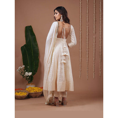 AHI Clothing Ivory Chikankari Square Neck Floral Anarkali with Palazzo and Dupatta