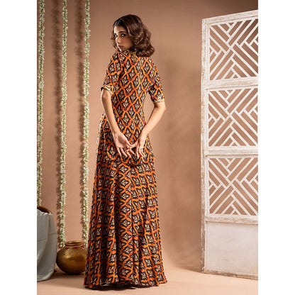 AHI Clothing Black Crepe Sweetheart Printed Kurta with Blouse and Palazzo