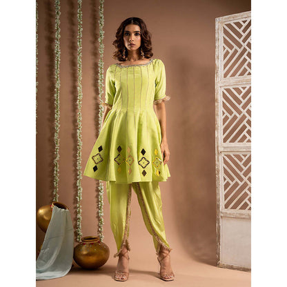 AHI Clothing Green Crepe Boat Neck Embroidered Anarkali Kurta with Salwar and Dupatta