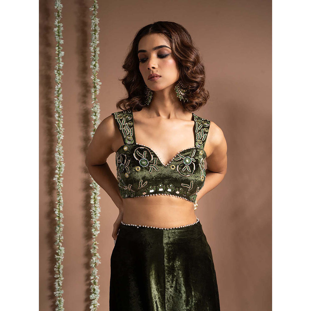 AHI Clothing Green Velvet Sweetheart Embroidered Palazzo with Blouse