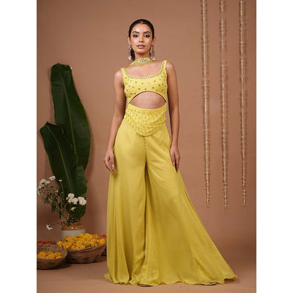 AHI Clothing Green Georgette Round Neck Embroidered Top with Palazzo with Dupatta