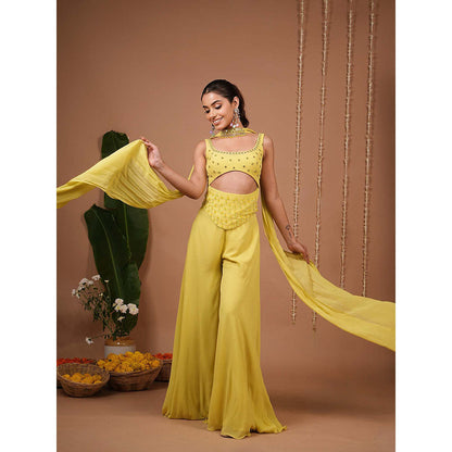 AHI Clothing Green Georgette Round Neck Embroidered Top with Palazzo with Dupatta
