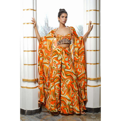 AHI Clothing Multi-Colour Crepe Sweetheart Abstract Bustier with Palazzo and Shrug