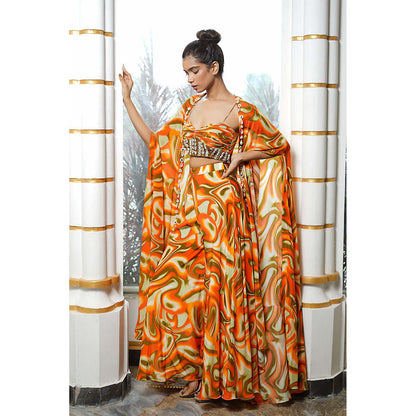 AHI Clothing Multi-Colour Crepe Sweetheart Abstract Bustier with Palazzo and Shrug