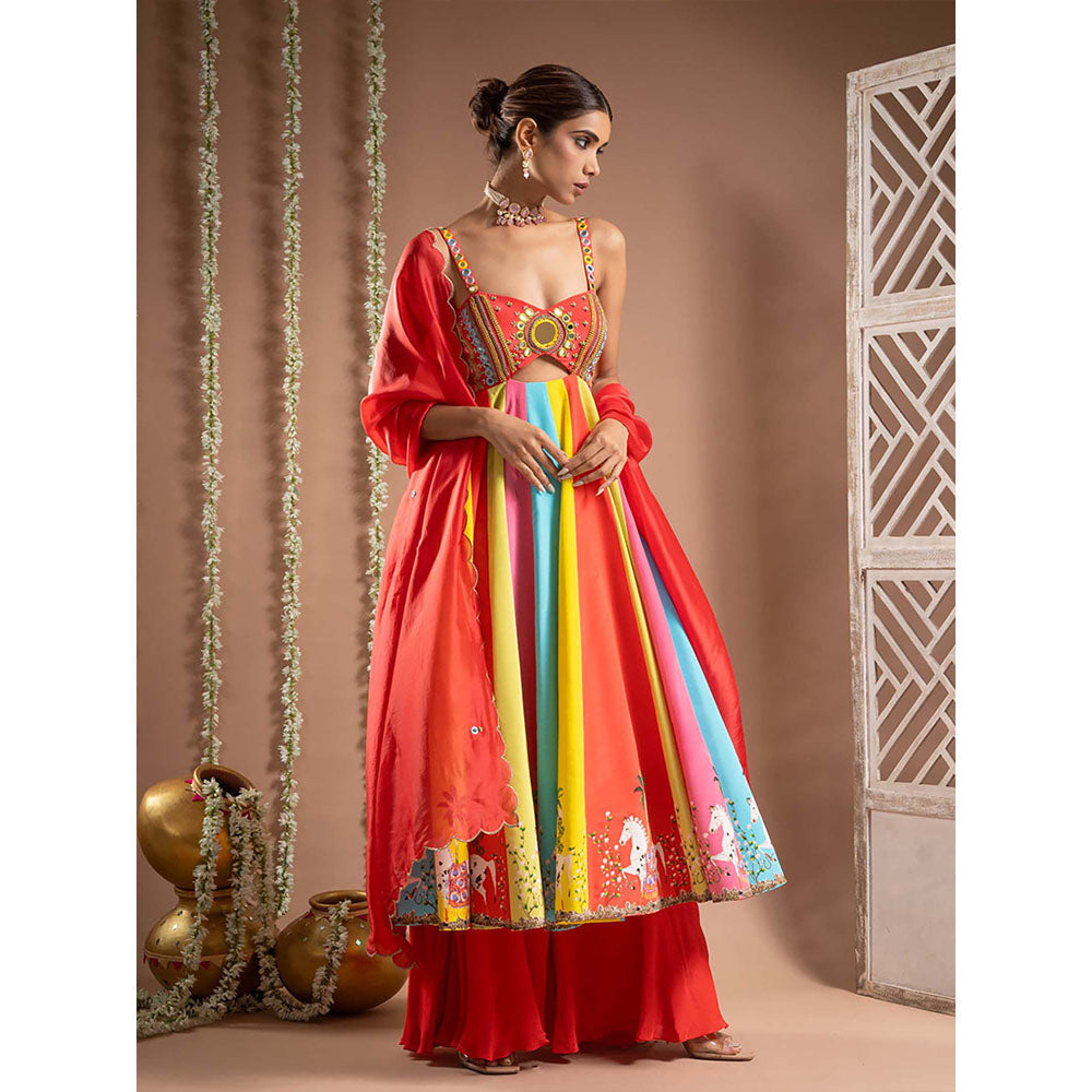 AHI Clothing Red Crepe Sweetheart Printed Anarkali with Palazzo and Dupatta