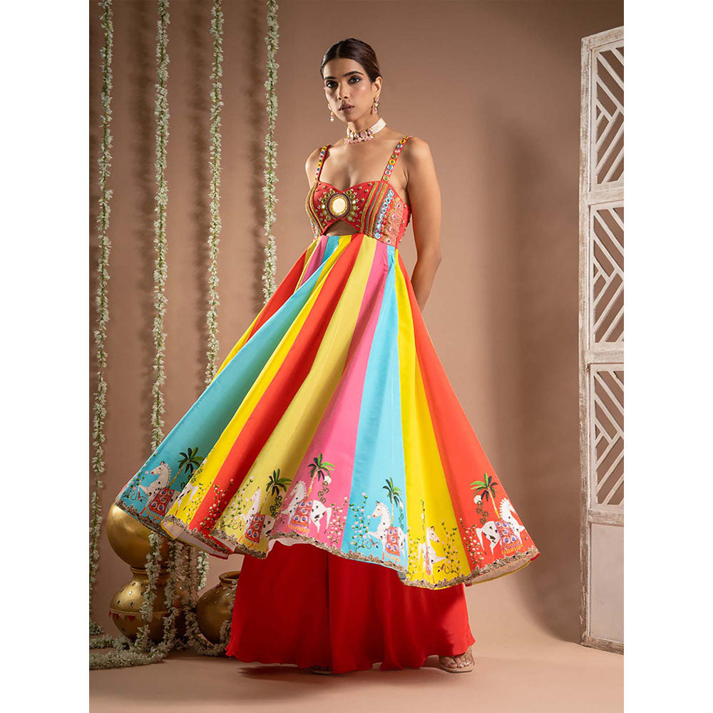 AHI Clothing Red Crepe Sweetheart Printed Anarkali with Palazzo and Dupatta