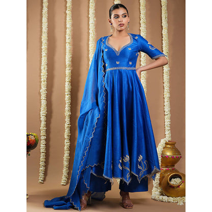 AHI Clothing Blue Silk Sweetheart Embroidered Anarkali with Palazzo and Dupatta
