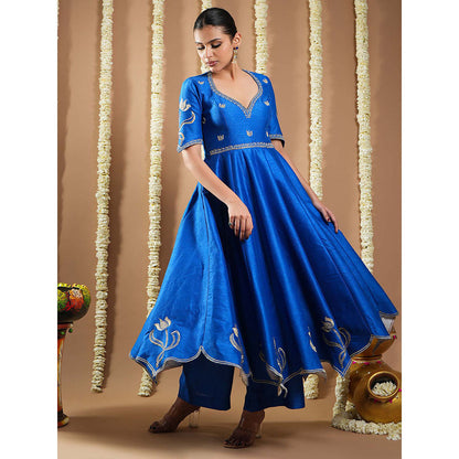 AHI Clothing Blue Silk Sweetheart Embroidered Anarkali with Palazzo and Dupatta