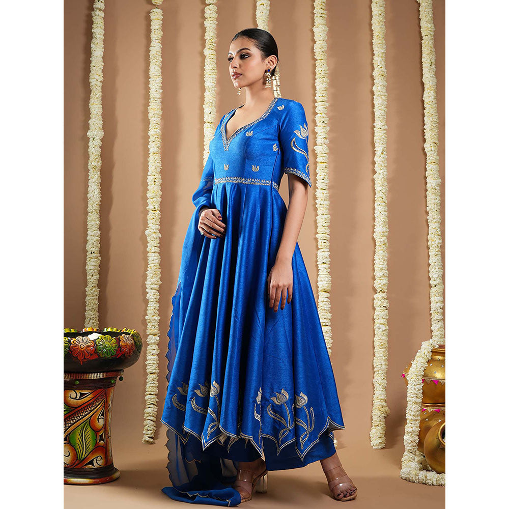 AHI Clothing Blue Silk Sweetheart Embroidered Anarkali with Palazzo and Dupatta