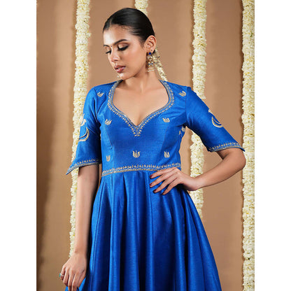 AHI Clothing Blue Silk Sweetheart Embroidered Anarkali with Palazzo and Dupatta