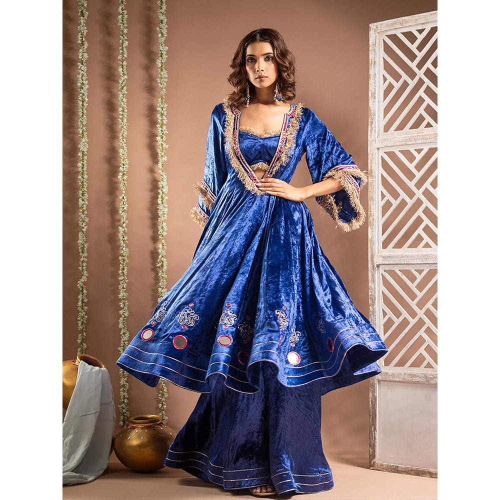 AHI Clothing Blue Velvet Sweetheart Embroidered Anarkali with Blouse with Palazzo with Dupatta