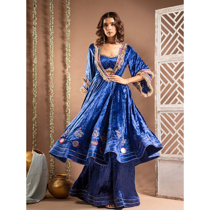 AHI Clothing Blue Velvet Sweetheart Embroidered Anarkali with Blouse with Palazzo with Dupatta