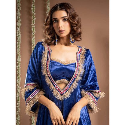 AHI Clothing Blue Velvet Sweetheart Embroidered Anarkali with Blouse with Palazzo with Dupatta