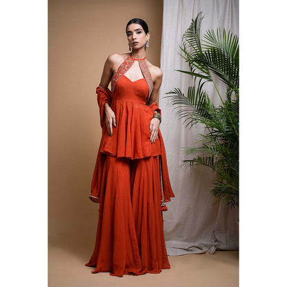AHI Clothing Orange Georgette Halter Neck Embroidered Peplum Top with Sharara and Dupatta