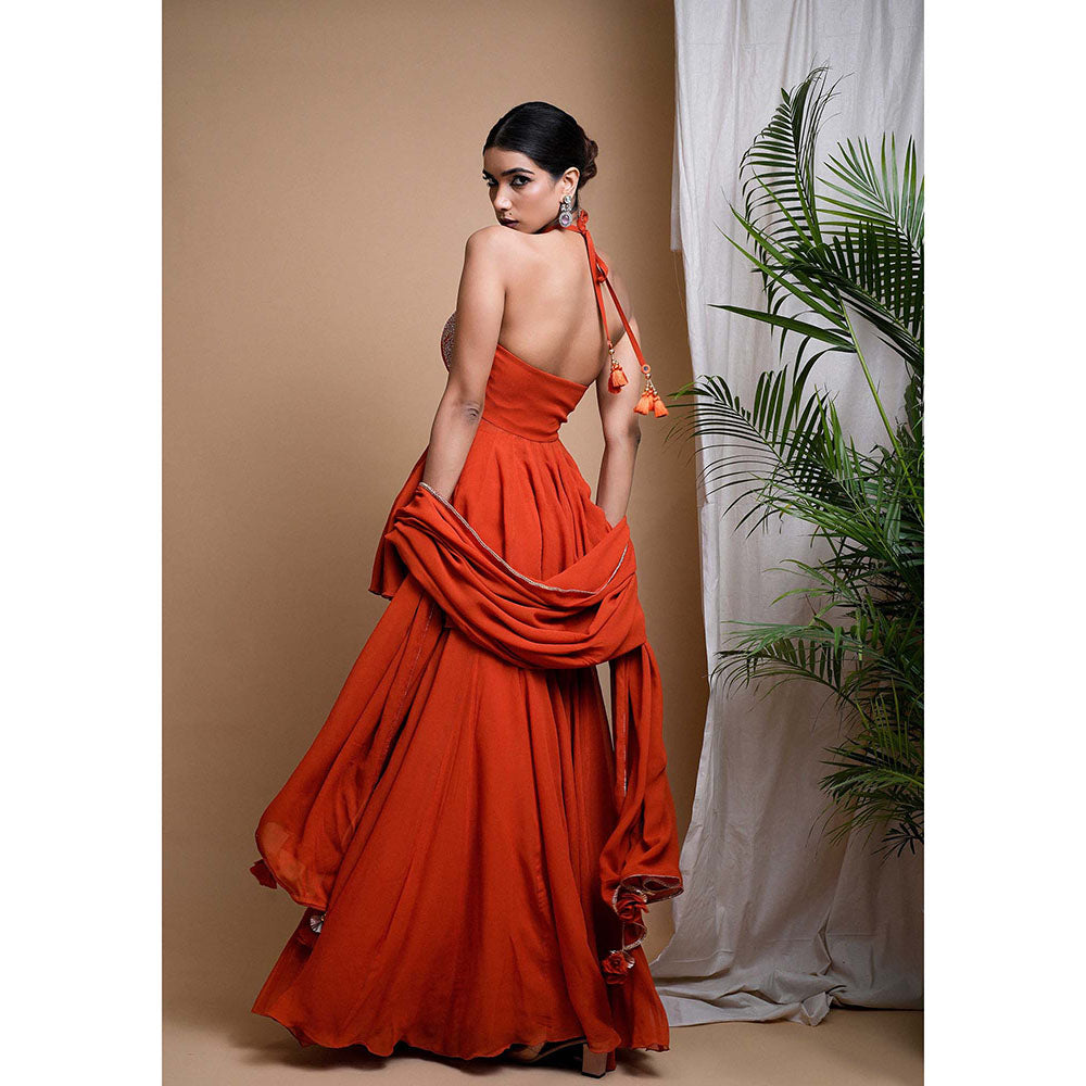 AHI Clothing Orange Georgette Halter Neck Embroidered Peplum Top with Sharara and Dupatta