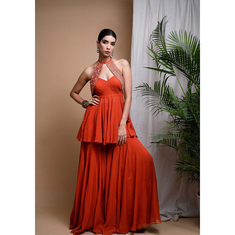 AHI Clothing Orange Georgette Halter Neck Embroidered Peplum Top with Sharara and Dupatta