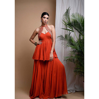 AHI Clothing Orange Georgette Halter Neck Embroidered Peplum Top with Sharara and Dupatta