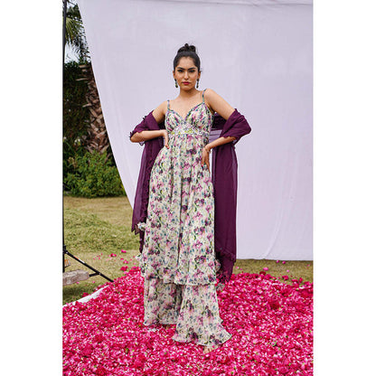 AHI Clothing Purple Organza Shoulder Straps Floral Anarkali with Palazzo and Dupatta
