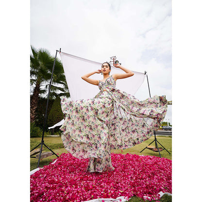 AHI Clothing Purple Organza Shoulder Straps Floral Anarkali with Palazzo and Dupatta