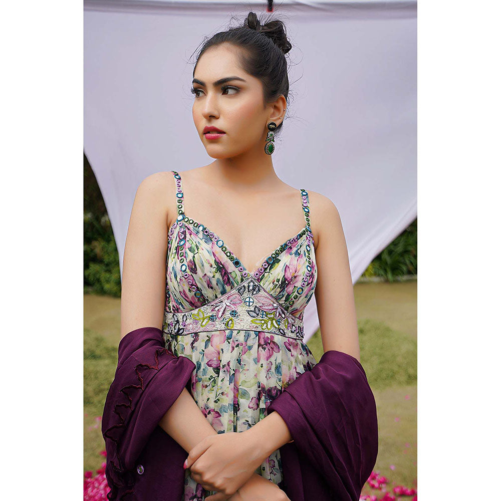 AHI Clothing Purple Organza Shoulder Straps Floral Anarkali with Palazzo and Dupatta