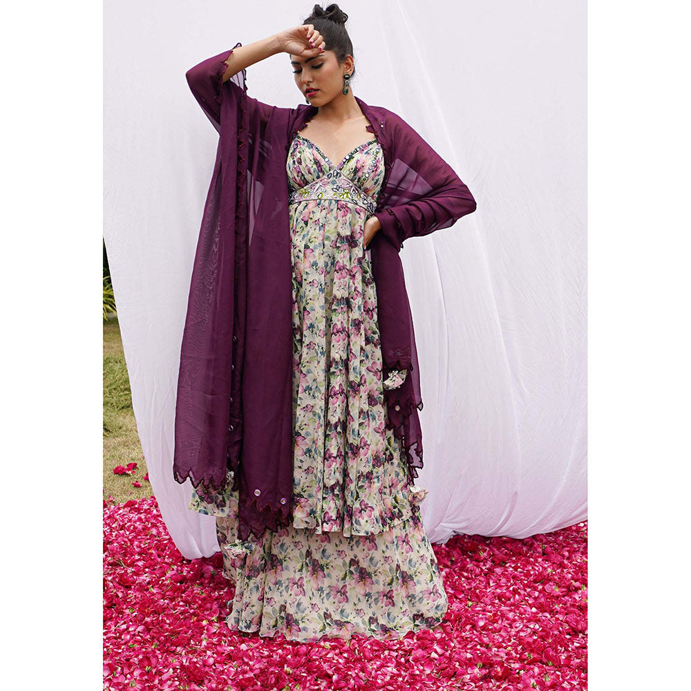 AHI Clothing Purple Organza Shoulder Straps Floral Anarkali with Palazzo and Dupatta