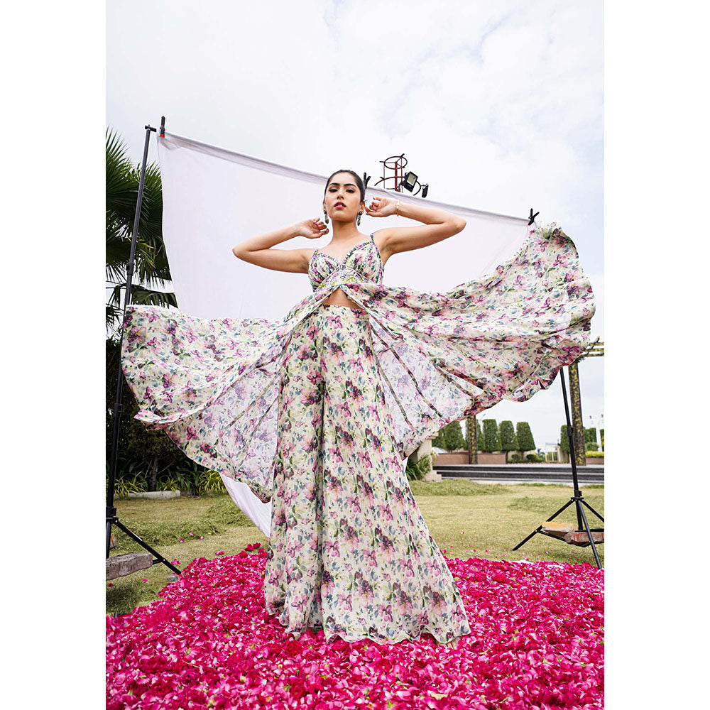 AHI Clothing Purple Organza Shoulder Straps Floral Anarkali with Palazzo and Dupatta